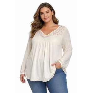 Torrid Womens Ivory Lace Yoke Boho Gauze Blouse Long Sleeve Split Neck Top 1 1X